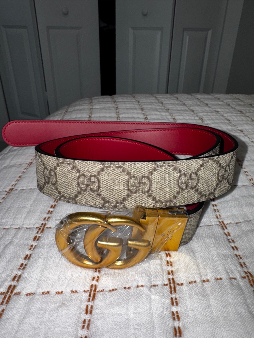 Beige GG Canvas Belt with Red Interior and Gold Buckle